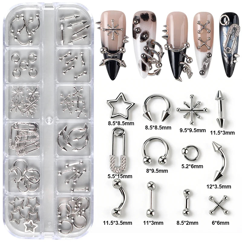12 Grids Goth Punk Nail Charms Studs Piercing Designs Metallic Silvery Nails Art Rivets 3D Stars Alloy Nail Art Decorations