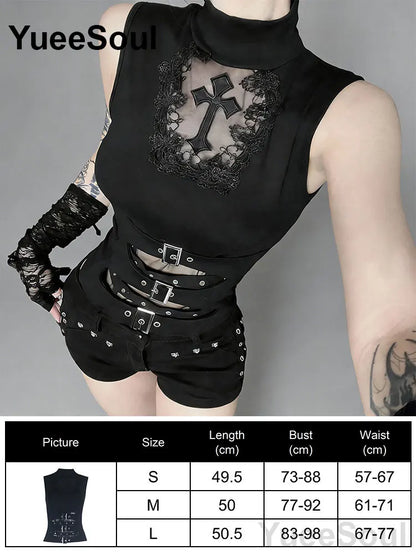 Gothic Lace Mesh Crop Spaghetti Strap Tops