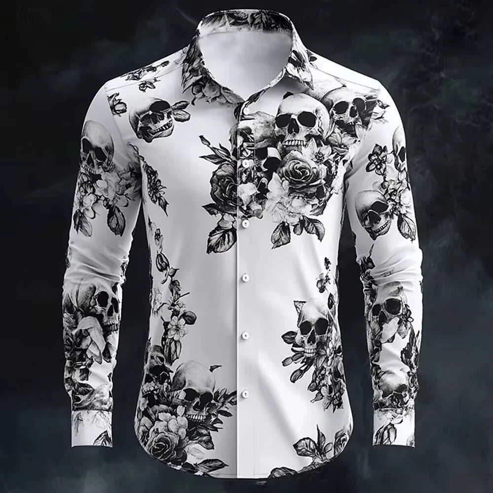 Skull Print Long Sleeve Graphic Shirt Loose Fit