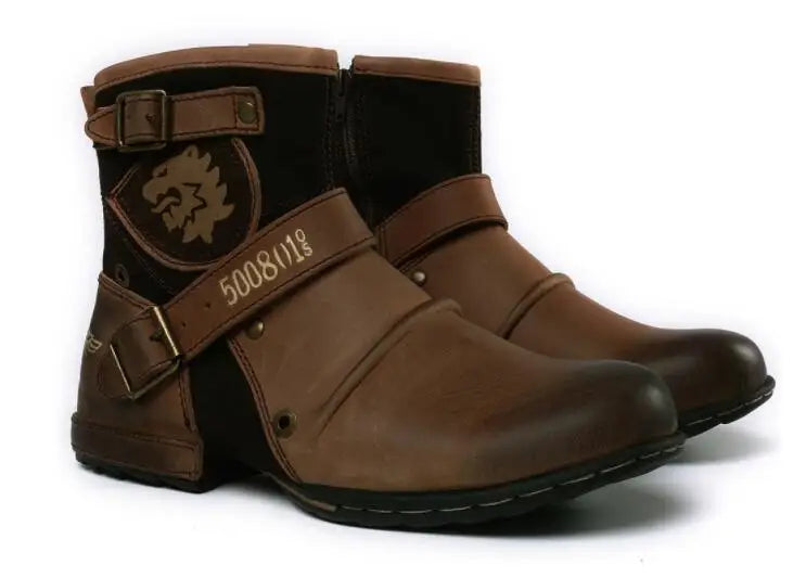 Ankle Boots Retro Motorcycle Western Metal Style Zippers Men