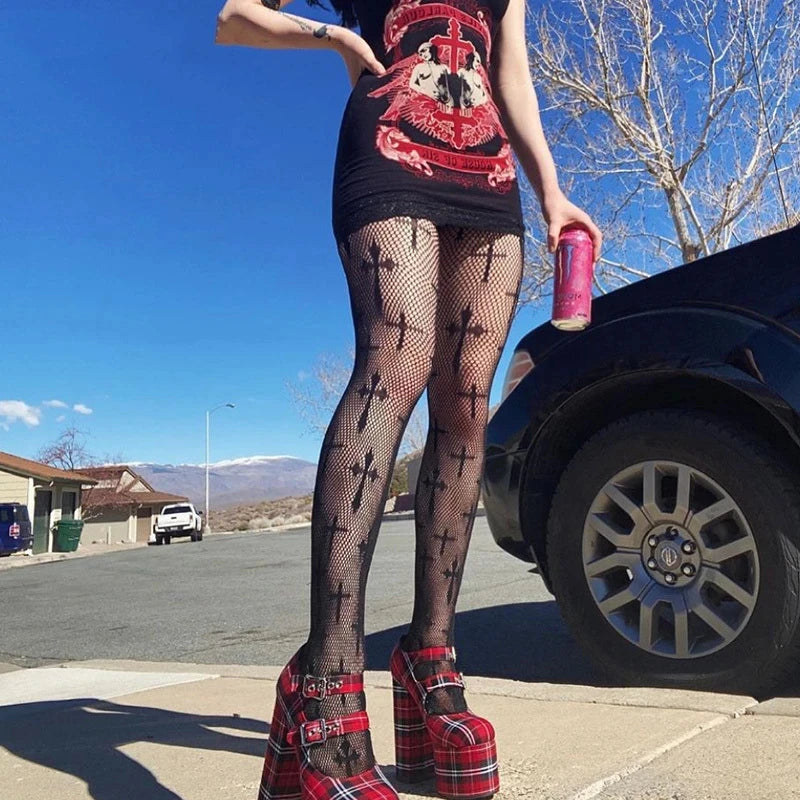 Cross Print Club Tights Goth Tights Nylon Fishnet Pantyhose