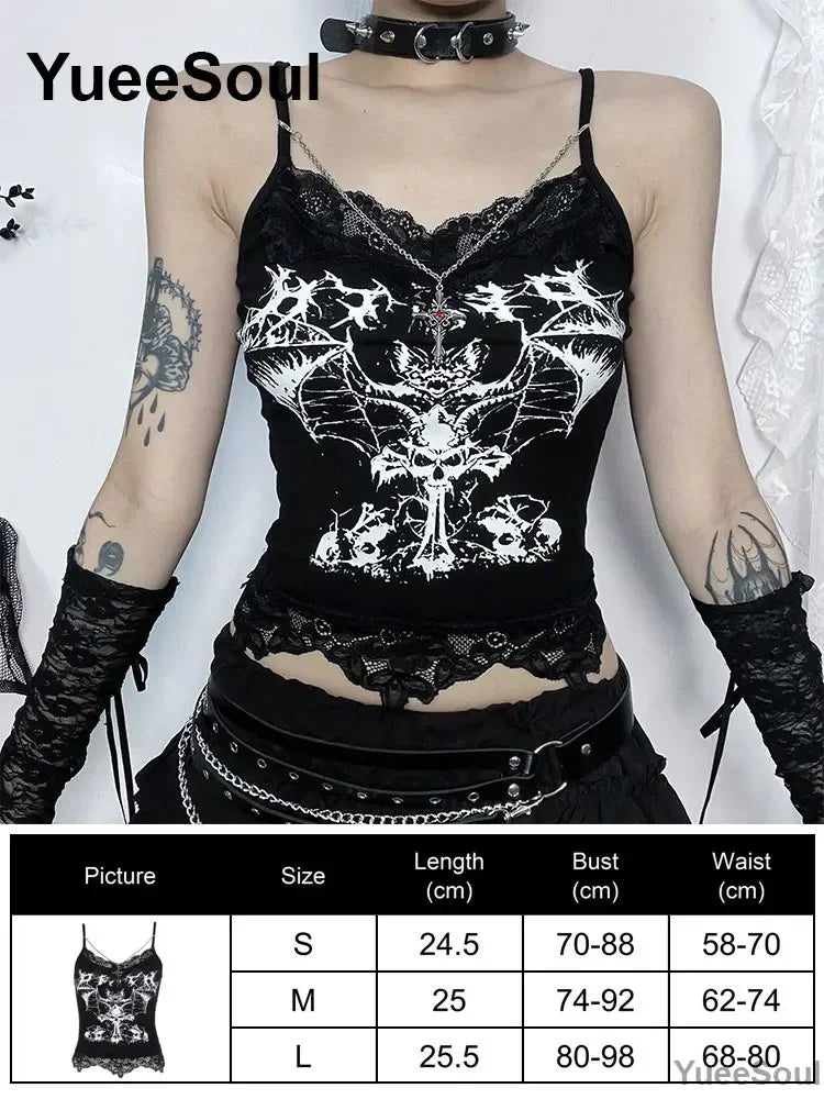 Gothic Lace Mesh Crop Spaghetti Strap Tops