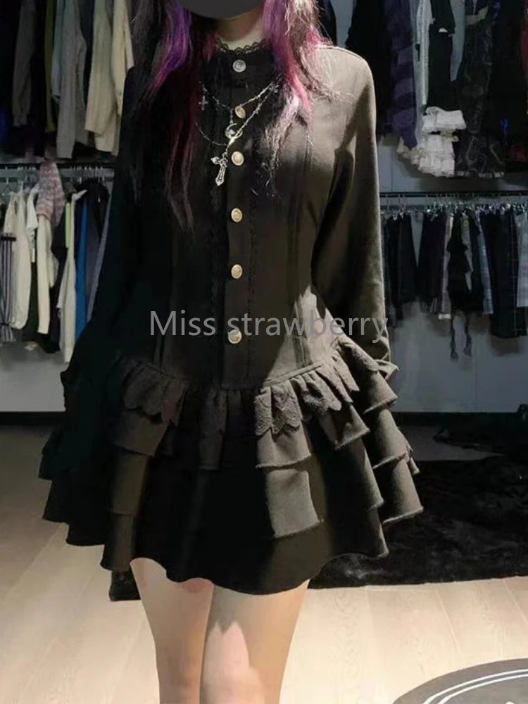Spring Lace Up Dress Black Lolita Slim Dresses Lace Long Sleeve