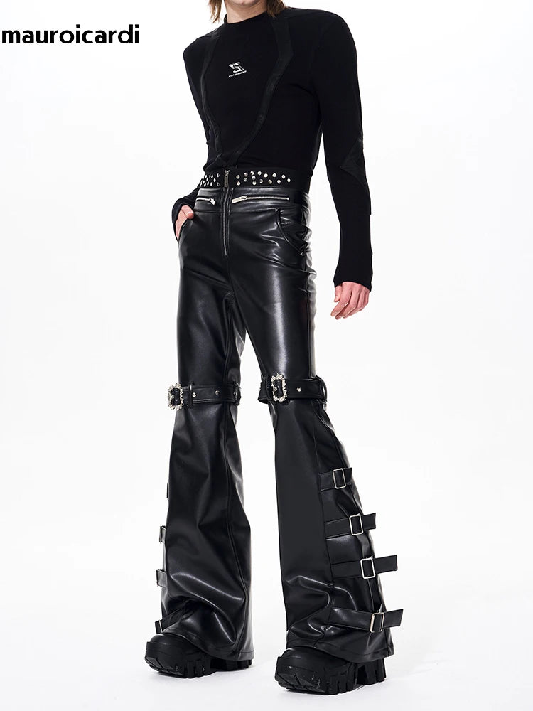 Mauroicardi Long Black Pu Leather Flare Pants for Men Rivet