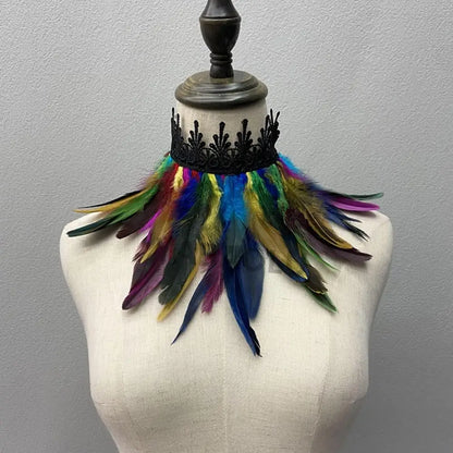 Black Feather Choker Collar Neck Cover Cape Shawl With Lace