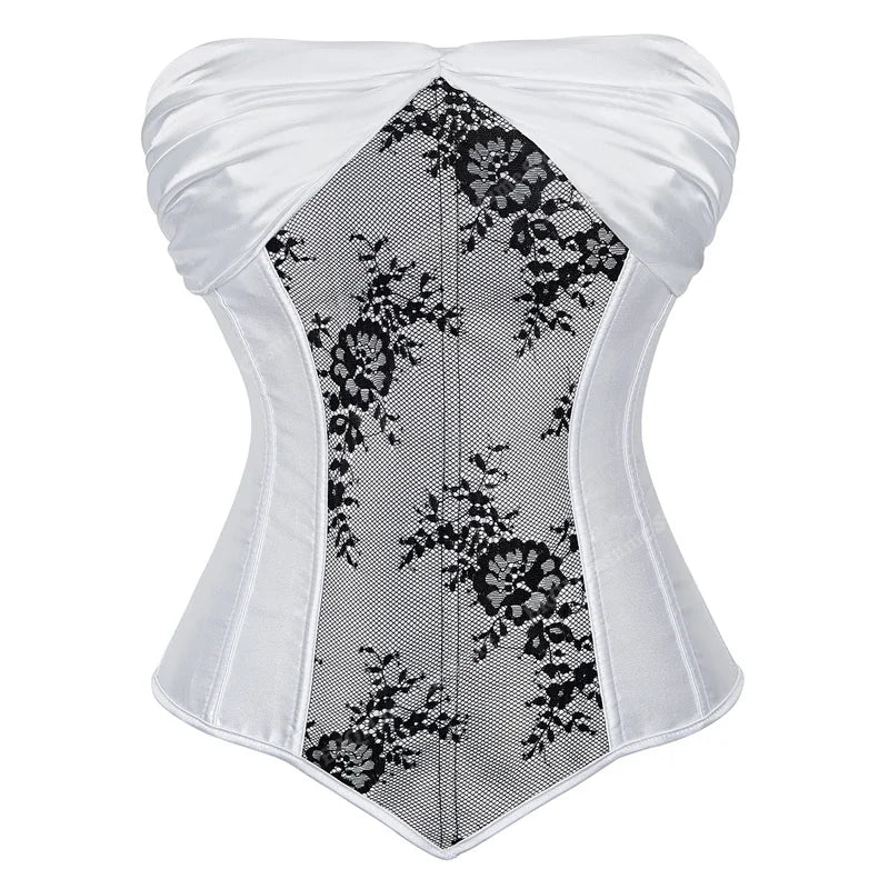 Lace Cover Overbust Corset Lace Up Boned Lingerie Zipper Side