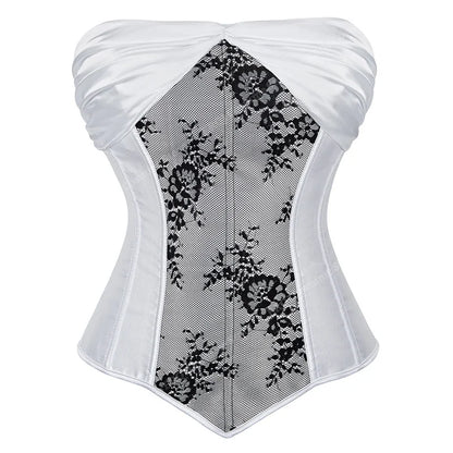 Lace Cover Overbust Corset Lace Up Boned Lingerie Zipper Side