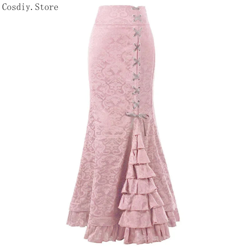 Jacquard Mermaid Bodycon Skirt Vintage Maxi Floor Women Lace Up Ruffle Skirt Elegant Long Floral Fishtail