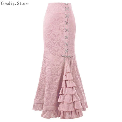 Jacquard Mermaid Bodycon Skirt Vintage Maxi Floor Women Lace Up Ruffle Skirt Elegant Long Floral Fishtail