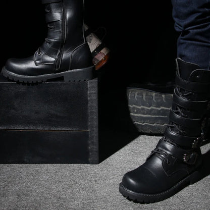 Men's Leather Motorcycle Boots Mid-calf Boots Gothic Belt