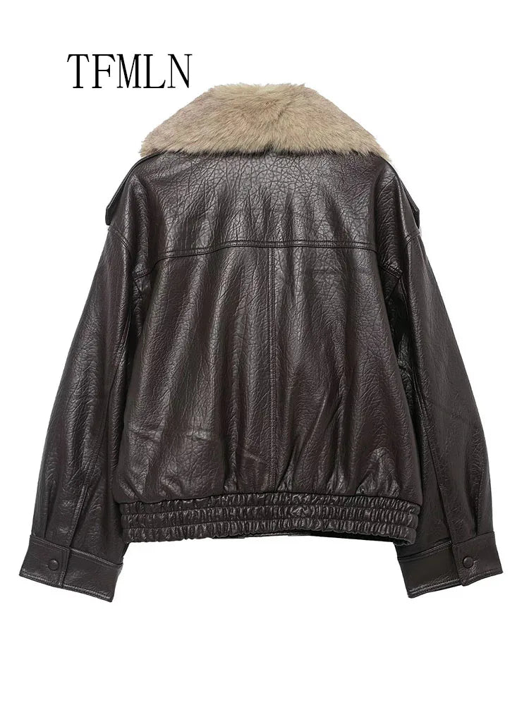 Loose Faux Leather Big Fur Winter Jacket