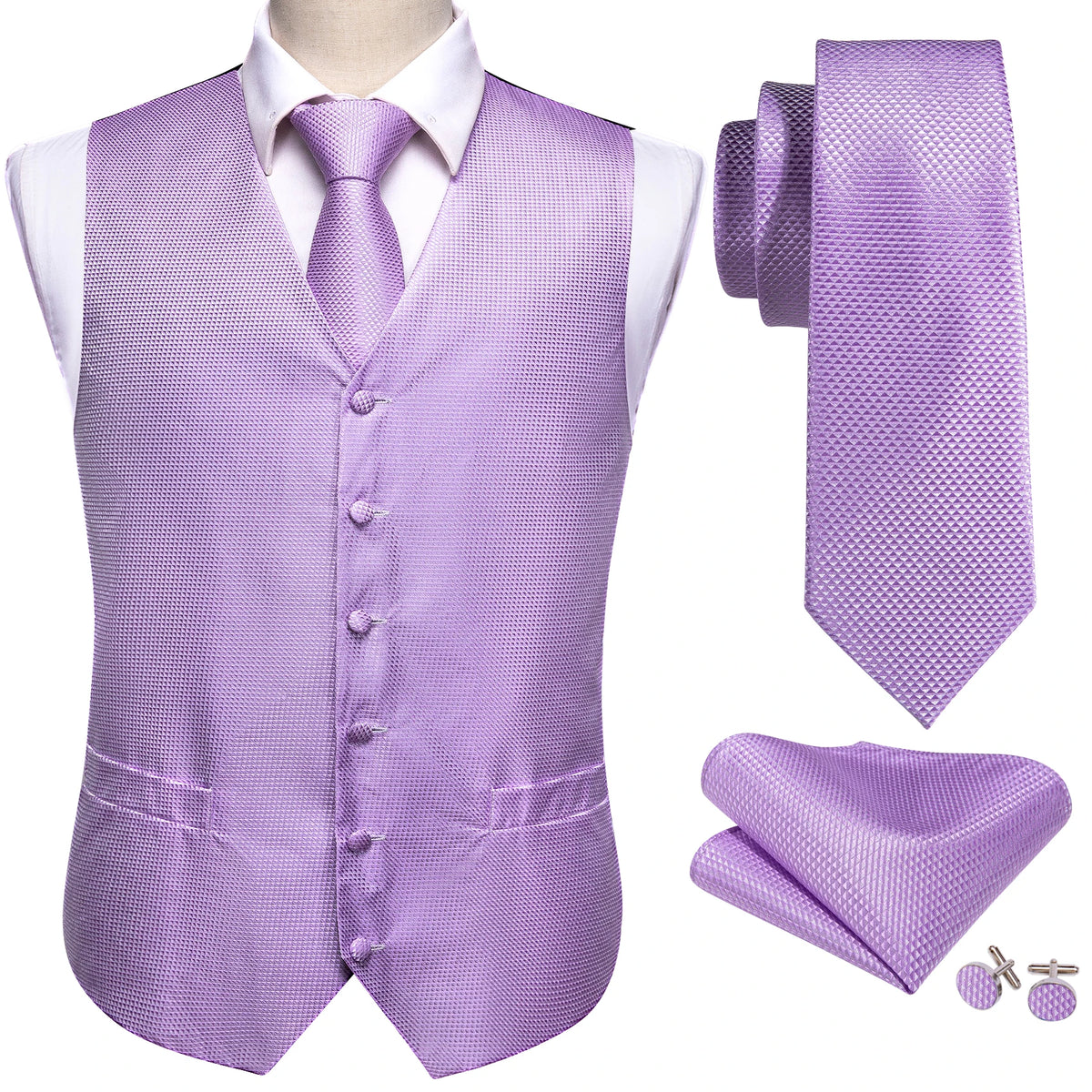 Lilac Purple Violet Lavender Silk Men Vest Tie Hanky Cufflinks Set Woven Waistcoat Sleeveless