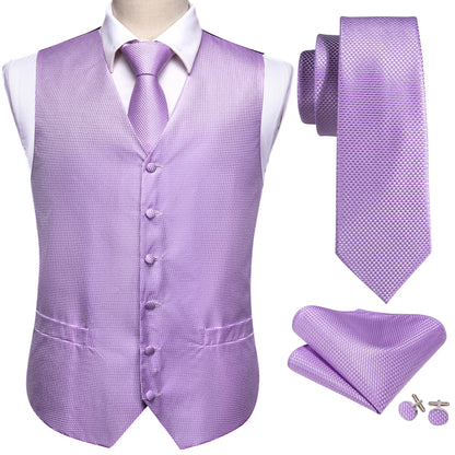 Lilac Purple Violet Lavender Silk Men Vest Tie Hanky Cufflinks Set Woven Waistcoat Sleeveless