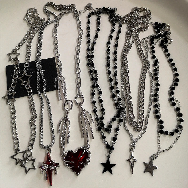 Black Star Cross Red Heart Pendant Ghost Claw Choker Chain Necklace Vintage