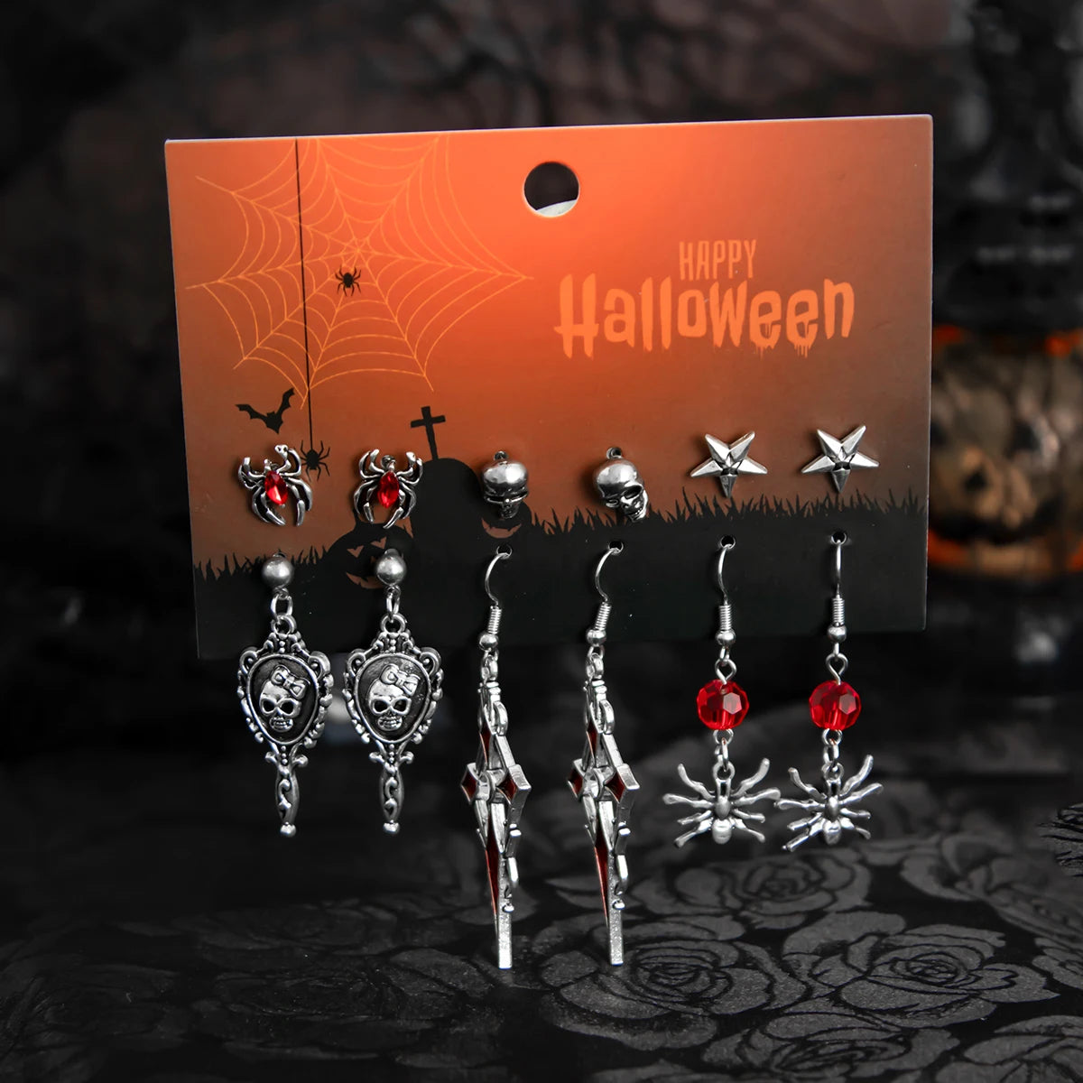 6Pairs/Set Halloween Red Crystal Skull Spider Metal Drop Earrings for Women Goth Cross Rose Piercing Earrings Jewelry