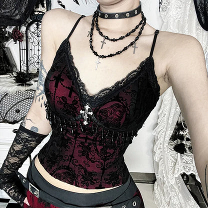 Vintage Camisole Lace Patchwork Beading Crop Tank Tops