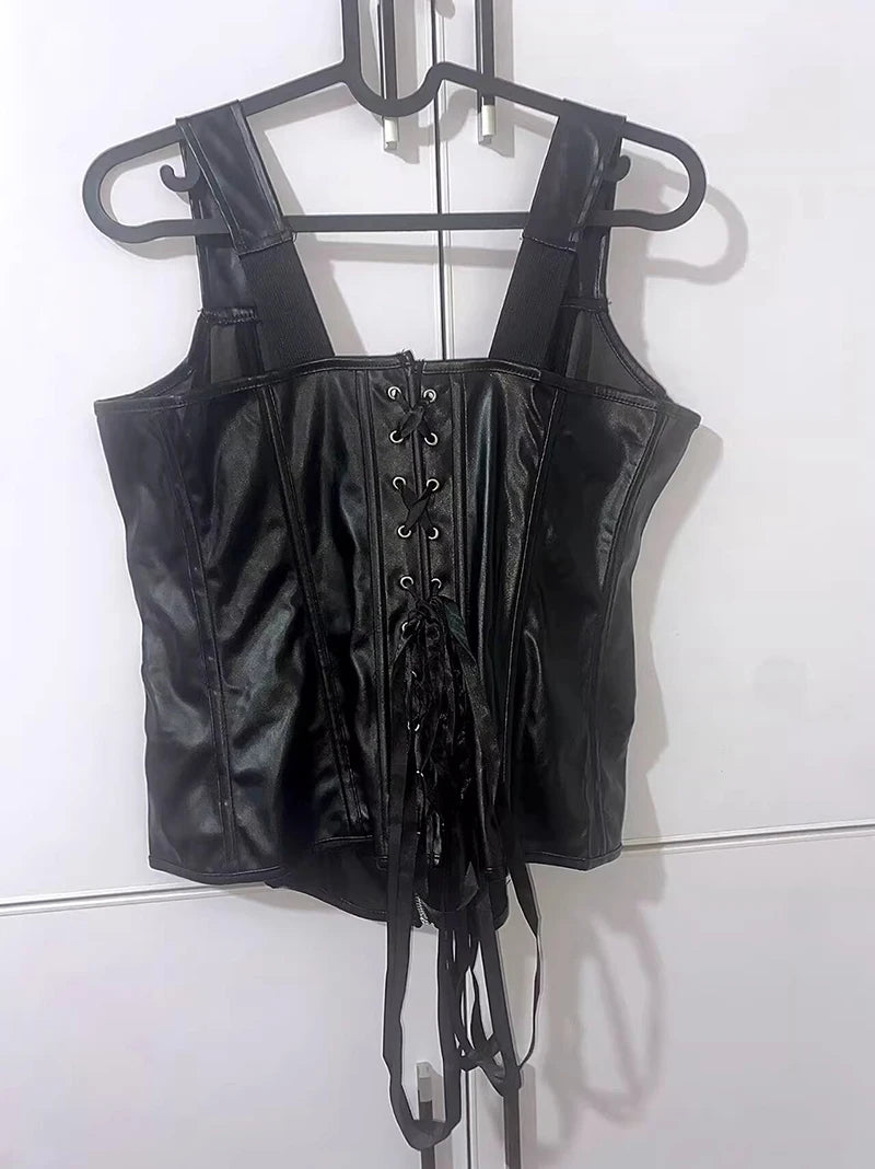 Faux Leather Harness Court Shaper Overbust Corselet Bustier Waist Trainer Vest Corset
