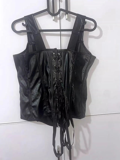Faux Leather Harness Court Shaper Overbust Corselet Bustier Waist Trainer Vest Corset