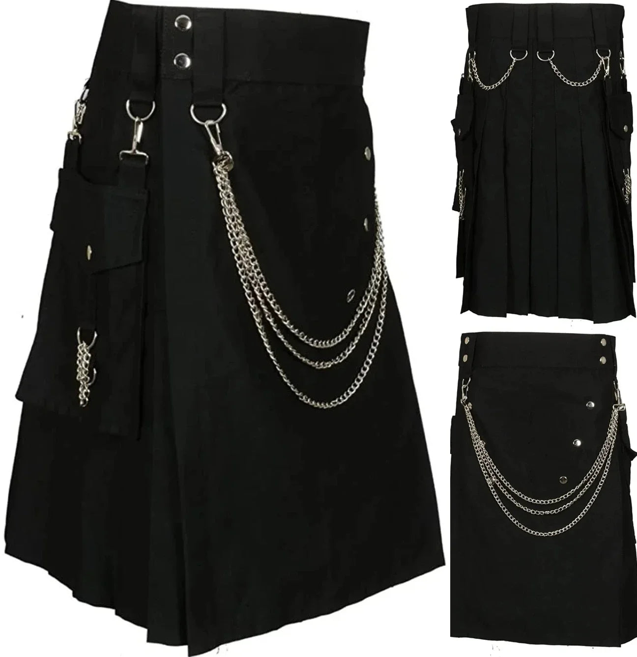 Mens Skirt Vintage Kilt Scotland Gothic Kendo Pocket Skirts With Silver Chains