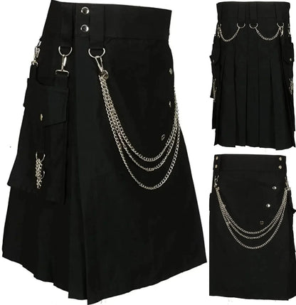 Mens Skirt Vintage Kilt Scotland Gothic Kendo Pocket Skirts With Silver Chains