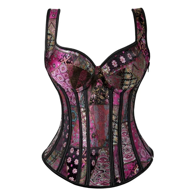 Sexy Women Corset with Straps Black Overbust Floral Jacquard Corsets Zipper Bustier