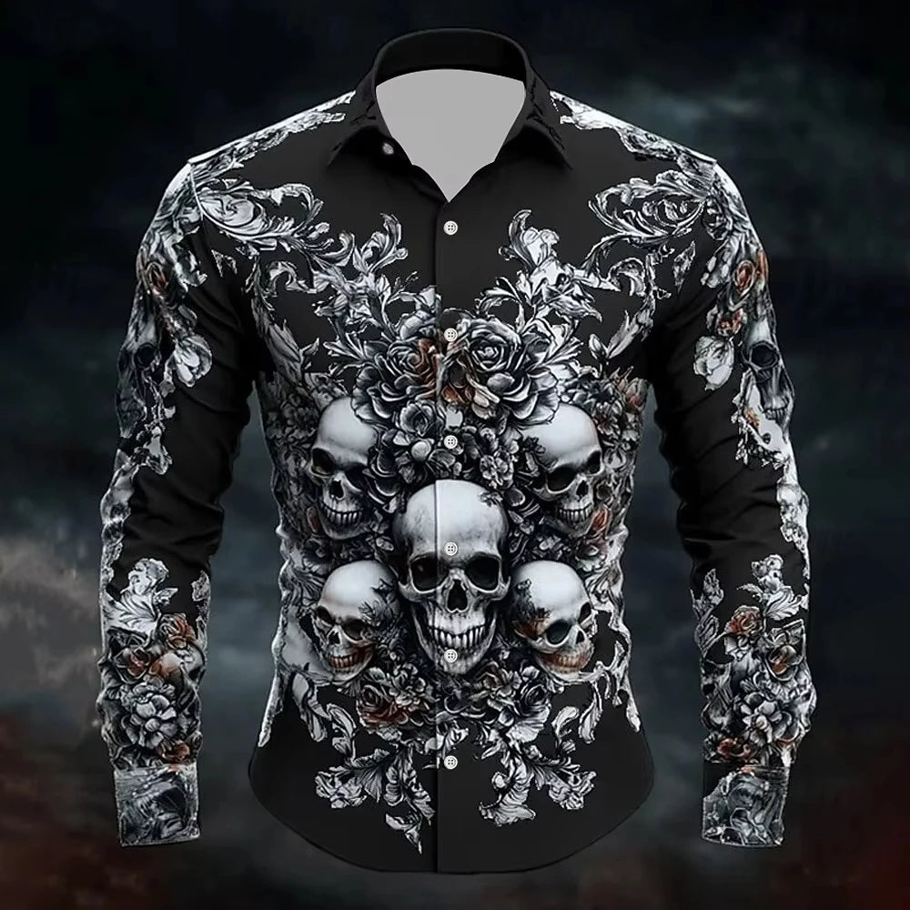 Skull Print Long Sleeve Graphic Shirt Loose Fit