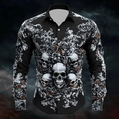 Skull Print Long Sleeve Graphic Shirt Loose Fit