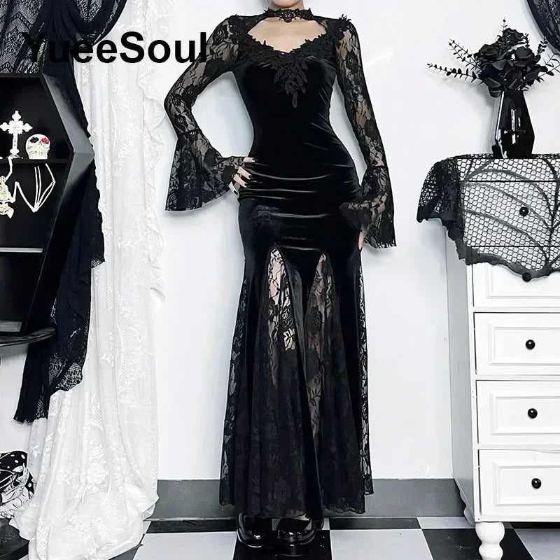 Gothic Long Sleeve Lace Slim Black Dresses