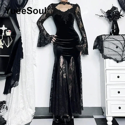 Gothic Long Sleeve Lace Slim Black Dresses