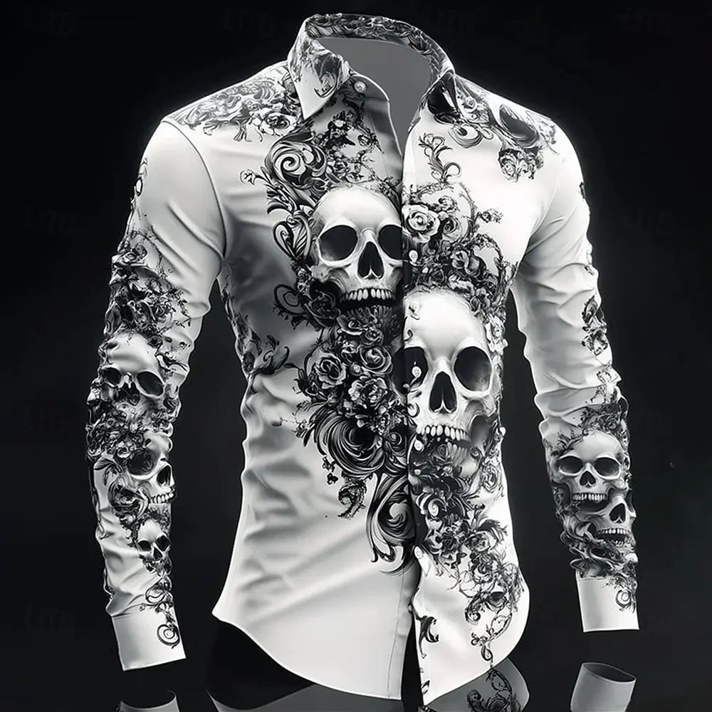 Skull Print Long Sleeve Graphic Shirt Loose Fit
