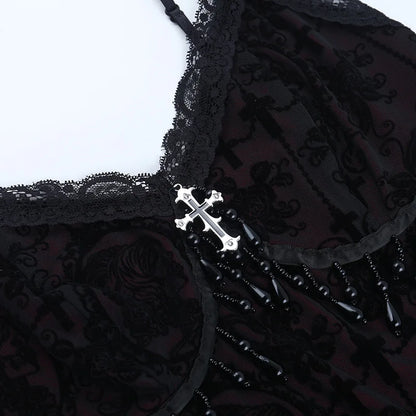 Vintage Camisole Lace Patchwork Beading Crop Tank Tops