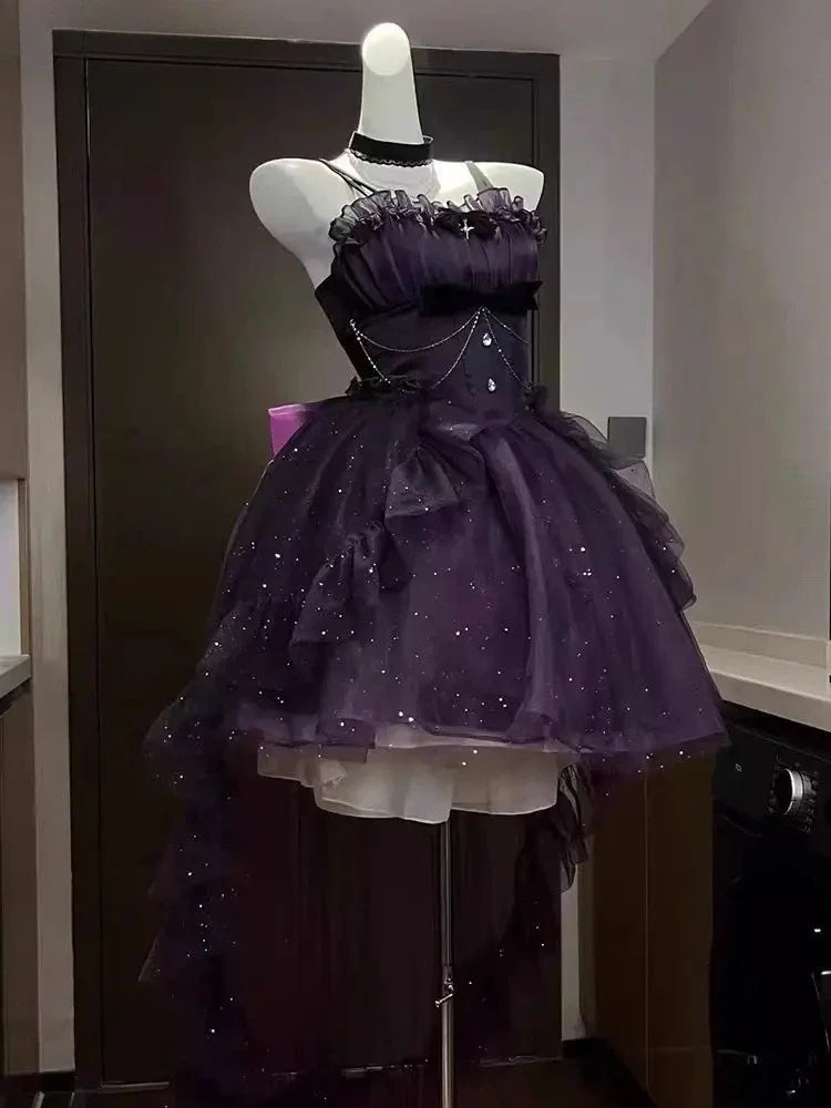 Sling Retro Tulle Ruffles Trim Dress