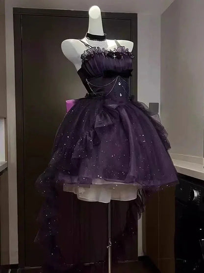 Sling Retro Tulle Ruffles Trim Dress