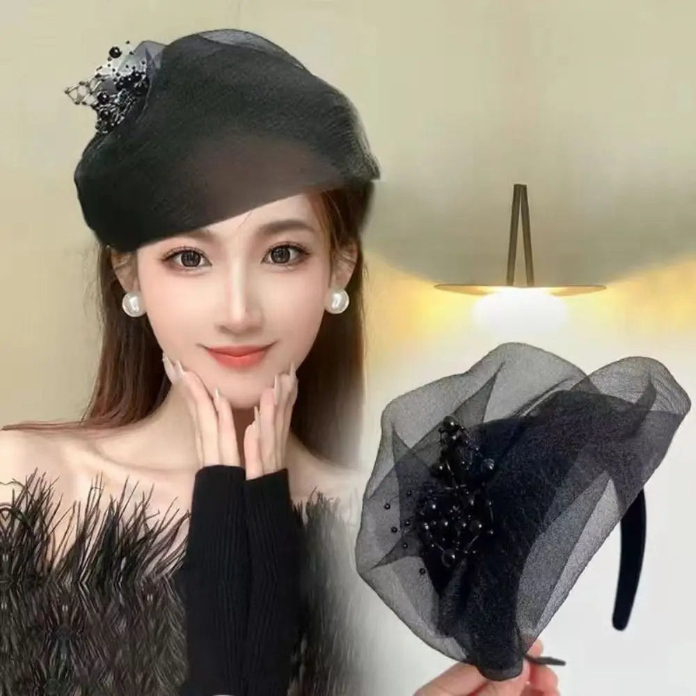 French Beaded Mesh Hairband Elegant Dinner Party Mesh Veil