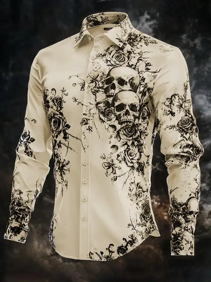 Skull Print Long Sleeve Graphic Shirt Loose Fit