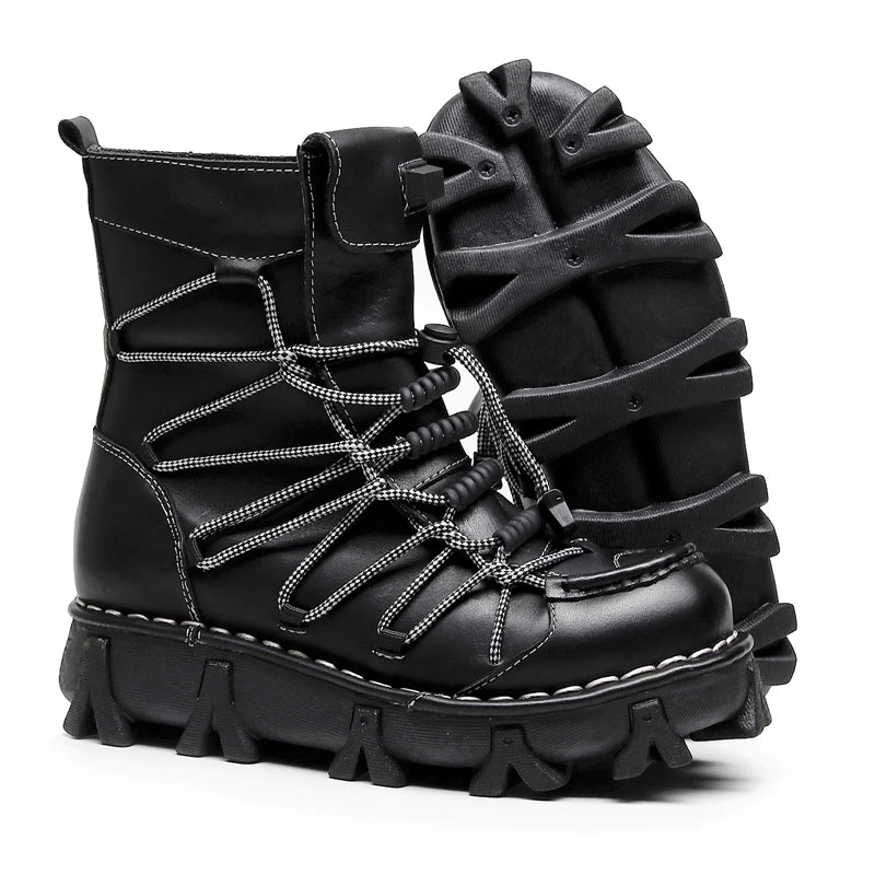 Genuine Leather Motorcycle Boots Platform Elastic