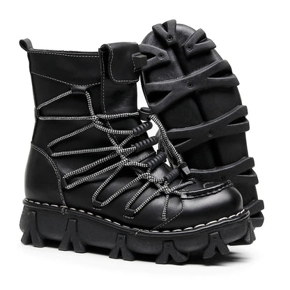 Genuine Leather Motorcycle Boots Platform Elastic