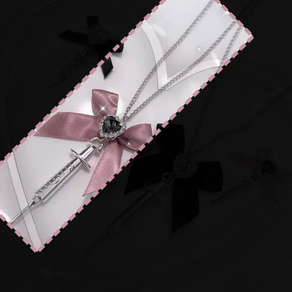 Love Heart Bowknot Metal Syringe Pendant Necklace Gothic