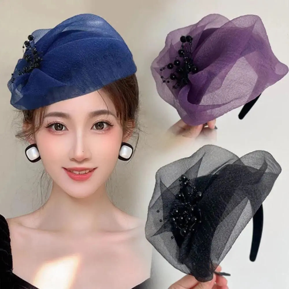 French Beaded Mesh Hairband Elegant Dinner Party Mesh Veil
