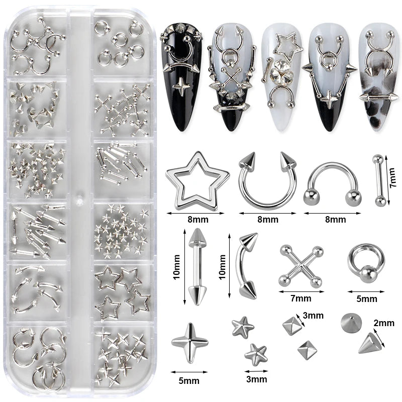 12 Grids Goth Punk Nail Charms Studs Piercing Designs Metallic Silvery Nails Art Rivets 3D Stars Alloy Nail Art Decorations