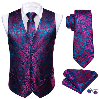 Lilac Purple Violet Lavender Silk Men Vest Tie Hanky Cufflinks Set Woven Waistcoat Sleeveless