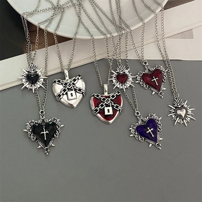 Red Black Heart Pendant Chain Necklace Vintage Goth