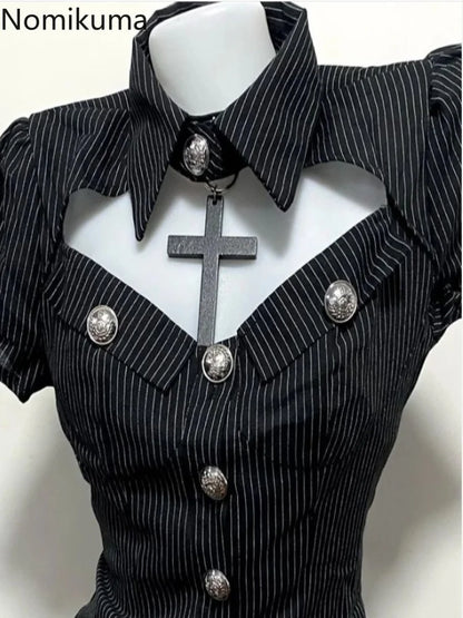 2 Piece Sets Slim Waist Striped Blouses A-line Mini Skirt Suit