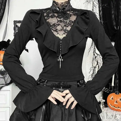 Goth Vampire Lace Splicing Top Ruffle Edge