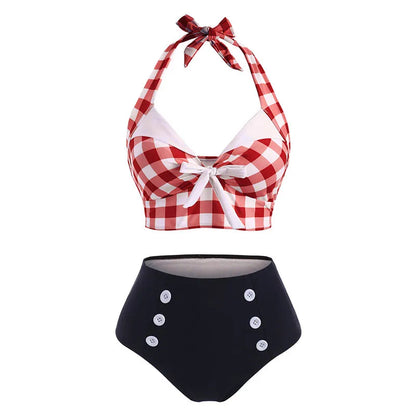Tummy Control Tankini Swimwear Vintage Plaid Print Swimsuit