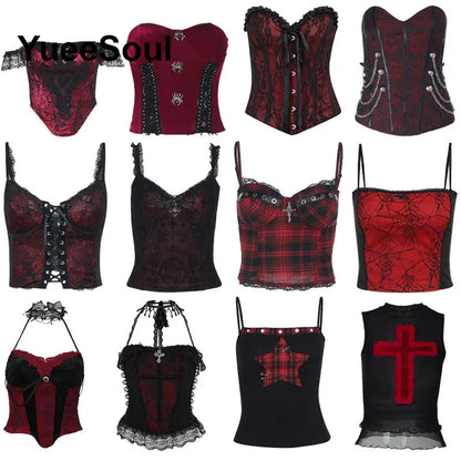 Gothic Lace Mesh Crop Spaghetti Strap Tops