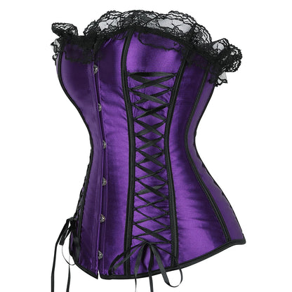Overbust Corsets Purple Lace Up Boned Bustiers Victorian Ribbon Satin