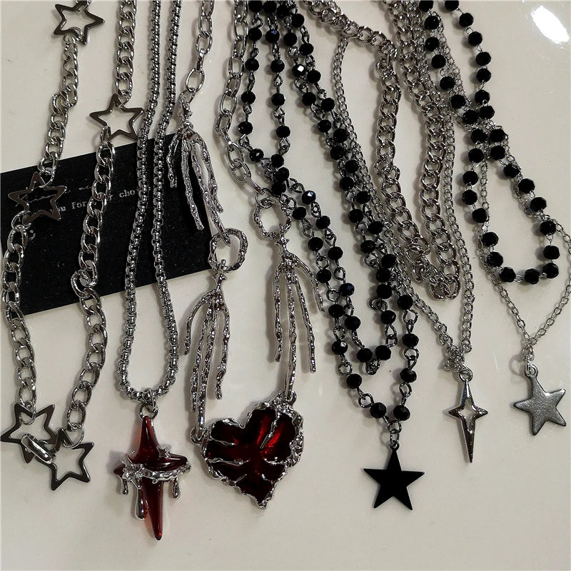 Black Star Cross Red Heart Pendant Ghost Claw Choker Chain Necklace Vintage