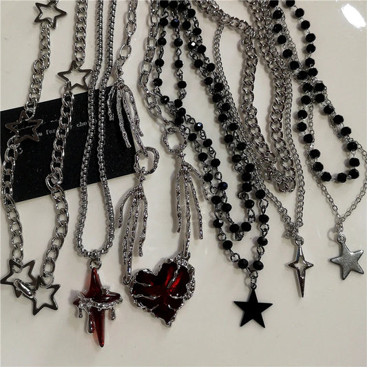Black Star Cross Red Heart Pendant Ghost Claw Choker Chain Necklace Vintage