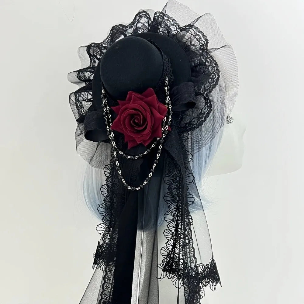 Lace Gothic Lace Veil Chain Chiffon Rose Hat Rose Victorian Retro Small Top Hat